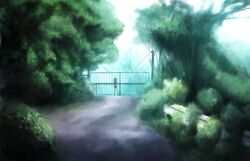  absurdres black_hair blue_eyes commentary female gate highres jacket onibi_(foxhound4185) original road scenery skirt solo tree 