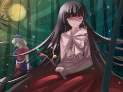  2girls bad_id bad_pixiv_id bamboo bamboo_forest black_hair branch forest grey_hair hat highres houraisan_kaguya jeweled_branch_of_hourai long_hair marionette_(excle) multiple_girls nature red_eyes smile touhou yagokoro_eirin 