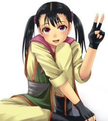  :d bad_id bad_pixiv_id black_hair blush chiko_(kanhogo) dragon_quest dragon_quest_iii female fighter_(dq3) fingerless_gloves gloves open_mouth purple_eyes smile solo twintails v 