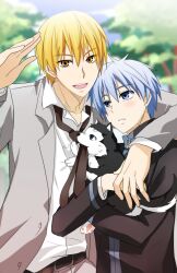  2boys arm_around_shoulder biting blonde_hair blue_eyes blue_hair canine commentary_request kise_ryouta kuroko_no_basuke kuroko_tetsuya kurot male_focus multiple_boys necktie short_hair smile tetsuya_ni_gou yellow_eyes 