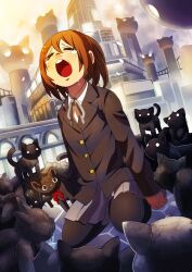  animalization bad_id bad_pixiv_id brown_hair closed_eyes commentary feline female hajime_(hajime-ill-1st) hirasawa_yui k-on! kyuubee mahou_shoujo_madoka_magica mahou_shoujo_madoka_magica_(anime) nakano_azusa pantyhose sakuragaoka_high_school_uniform school_uniform short_hair sitting tears too_many too_many_cats wariza when_you_see_it 