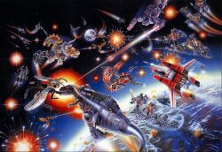  1980s_(style) aircraft apatosaurus arm_cannon autobot battle bombshell_(transformers) box_art bug car character_request decepticon dinosaur earth_(planet) explosion glint grimlock helicopter in_orbit jeffrey_mangiat jetfire kickback_(transformers) mecha missile moon motor_vehicle no_humans official_art planet realistic retro_artstyle robot sauropod scan science_fiction shockwave_(transformers) shrapnel_(transformers) slag_(transformers) sludge_(transformers) snarl_(transformers) space spacecraft stegosaurus sword tracks_(transformers) traditional_media transformers transformers:_generation_1 triceratops tyrannosaurus_rex vf-1 vf-1_super weapon whirl_(transformers) 