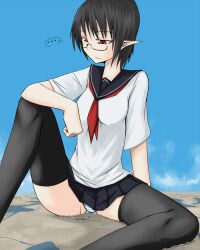  ... black_hair burj_khalifa giantess looking panties pointy_ears red_eyes school_uniform serious sitting terada_ochiko underwear 