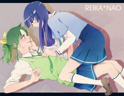  aoki_reika blue_eyes blue_hair blush cardigan cowgirl_position green_eyes green_hair letterboxed long_hair midorikawa_nao multiple_girls nanairogaoka_middle_school_uniform necktie negom ponytail precure school_uniform sleeves_rolled_up smile smile_precure yuri 