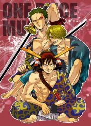  3boys abs bandana barefoot black_hair blonde_hair copyright_name dual_wielding earrings green_hair hair_over_one_eye helmet indian_style japanese_clothes jewelry looking_at_viewer male male_focus monkey_d_luffy multiple_boys muscle one_piece open_clothes open_shirt roronoa_zoro sanji scar shirt sitting smile sword text title_drop trio weapon 