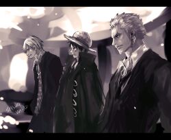  3boys bad_id bad_pixiv_id cigarette curly_eyebrows earrings facial_hair faux_traditional_media formal hair_over_one_eye hat jewelry letterboxed looking_away male_focus monkey_d._luffy monochrome multiple_boys one_piece photoshop_(medium) roronoa_zoro sanji_(one_piece) scar serious short_hair smoking standing straw_hat suit tsuyomaru 