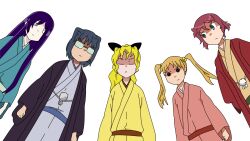  5girls bad_id bad_pixiv_id blonde_hair blue_hair closed_eyes glasses green_eyes hair_bobbles hair_ornament hakama hakama_skirt hakamichi_shizune heeeeee highres ibarazaki_emi ikezawa_hanako japanese_clothes joshiraku katawa_shoujo long_hair multiple_girls no_scar parody purple_hair red_hair satou_lilly short_hair simple_background skirt tezuka_rin twintails upper_body 