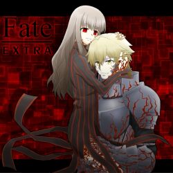  1boy armor artoria_pendragon_(fate) blonde_hair commentary_request cosplay dark_persona dark_sakura dark_sakura_(cosplay) dress fate/extra fate/stay_night fate/zero fate_(series) female gawain_(fate) kishinami_hakuno_(female) kmiru_(yuka) long_hair matou_sakura red_eyes saber_(fate) saber_alter saber_alter_(cosplay) striped vertical_stripes white_hair yellow_eyes 