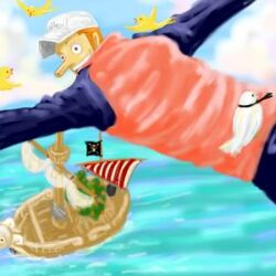  1boy baseball_cap bird falling flying fruit_tree going_merry hat hattori_(one_piece) jolly_roger kaku_(one_piece) lowres male male_focus necktie ocean one_piece orange_hair outdoors pigeon pirate_flag ship smile solo tree vest water water_7 