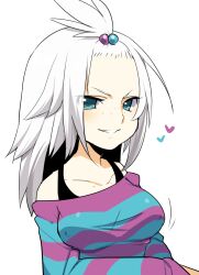  alternate_breast_size alternate_hair_length alternate_hairstyle bad_id bad_pixiv_id blue_eyes breasts collarbone female freckles hair_bobbles hair_ornament heart medium_breasts mofuaki pokemon pokemon_bw2 roxie_(pokemon) simple_background solo striped white_background white_hair 