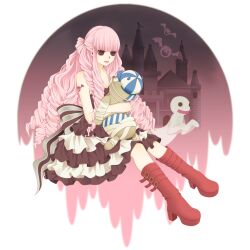  bandage bangs bare_shoulders bat bat_(animal) bat_(symbol) boot boots castle curly_hair dress face_mask female female ghost hat hat_removed headwear_removed high_heel_boots high_heels kumacy kuraigana_island lipstick long_hair makeup mask one_piece perona pink_hair poonosuke red_shoes ribbon shoes sitting solo striped striped_hat striped_ribbon stuffed_animal stuffed_toy surgical_mask tattoo teddy teddy_bear toy 