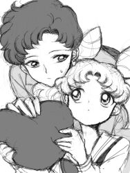  1boy bishoujo_senshi_sailor_moon bishoujo_senshi_sailor_moon_stars chibi_usa close-up commentary_request cone_hair_bun crayon65 female greyscale hair_bun heart looking_up monochrome seiya_kou 