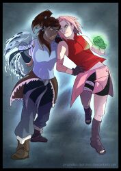  2girls arm_warmers armlet avatar:_the_last_airbender bandage bare_shoulders bike_shorts black_boots black_gloves blue_eyes blue_gloves blue_shirt boots breasts brown_hair crossover dark_skin eye_contact gloves green_eyes high_ponytail highres iwuskittles korra legend_of_korra long_hair looking_at_another miniskirt multiple_girls naruto naruto_shippuuden open_toe_shoes pants pink_hair pink_skirt ponytail red_shirt sakura_haruno shirt short_hair shorts shorts_under_skirt showgirl_skirt side_slit skirt sleeveless sleeveless_shirt standing the_legend_of_korra thigh_strap water zipper 