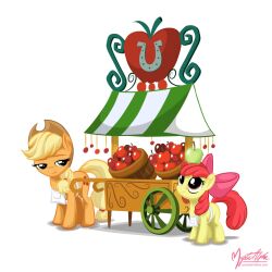  1:1 2012 accessory amber_eyes apple_bloom_(mlp) applejack_(mlp) apron balancing basket blonde_hair bow_(feature) bow_accessory bow_ribbon cart clothing container cutie_mark digital_media_(artwork) duo earth_pony equid equine female feral friendship_is_magic fur green_eyes hair hair_accessory hair_ribbon hairbow hasbro hat headgear headwear horse mammal my_little_pony mysticalpha orange_body orange_fur pony quadruped red_hair ribbons sibling_(lore) simple_background sister_(lore) sisters_(lore) tail text url white_background yellow_body yellow_fur young young_feral 