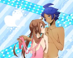  1boy ahoge bad_id bad_pixiv_id blue_eyes blue_hair brown_hair couple double_bun female finger_to_mouth hair_bun heart height_difference legskin long_hair male_swimwear marlon_(pokemon) one-piece_swimsuit pokemon pokemon_bw2 raichi_(28bit!!) rosa_(pokemon) smile straight swimsuit tan twintails undressing very_long_hair 