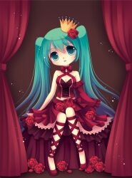  aqua_eyes aqua_hair breasts cleavage commentary curtains detached_sleeves dress female flower hatsune_miku head_tilt long_hair photoshop_(medium) project_diva_(series) project_diva_2nd romeo_to_cinderella_(vocaloid) rose sitting small_breasts solo twintails very_long_hair vintage_dress_(module) vocaloid yui_(planetoid_11) 