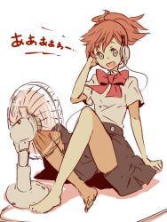  ai-wa bad_id bad_pixiv_id barefoot brown_hair electric_fan female gekkoukan_high_school_uniform grey_eyes hair_ornament headphones persona persona_3 persona_3_portable school_uniform shiomi_kotone short_hair skirt 