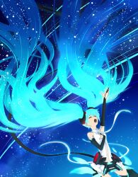  absurdly_long_hair arm_up big_hair black_gloves black_ribbon blue_hair blue_theme bridal_gauntlets closed_eyes commentary_request cowboy_shot elbow_gloves female floating_hair gloves glowing glowing_hair gradient_hair hair_floating_upwards hair_up hand_on_own_chest hand_up hatsune_miku hatsune_miku_(append) highres kappateki long_hair multicolored_hair music open_mouth outstretched_arm outstretched_hand ribbon singing solo star_(sky) teeth twintails upper_teeth_only very_long_hair vocaloid vocaloid_append 