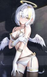  angel angel_wings black_thighhighs blonde_hair blush breasts choker elbow_gloves feathered_wings female frills garter_belt gloves grey_hair hair_between_eyes hair_ornament hairclip halo highres kira_(kira78718520) large_breasts looking_at_viewer medium_hair multicolored_hair navel original ribbon solo thighhighs underwear underwear_only white_gloves white_hair white_wings wings x_hair_ornament yellow_eyes yellow_ribbon 