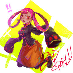  ! !! black_footwear black_jacket blush character_name commentary earrings female hair_rings highres jacket jewelry long_sleeves looking_to_the_side open_mouth orange_skirt pink_hair pokemon pokemon_masters_ex punk_girl_(pokemon) red_eyes sharp_teeth skirt sleeves_past_wrists solo teeth tongue tongue_out warrose 