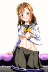  arm_support bad_id bad_pixiv_id bakarayuu black_skirt blush breasts brown_hair clothes_lift cowboy_shot female groin head_tilt highres kunikida_hanamaru looking_at_viewer love_live! love_live!_sunshine!! medium_breasts navel open_mouth parted_lips school_uniform serafuku shirt_lift skirt solo underboob uranohoshi_school_uniform white_background yellow_eyes 