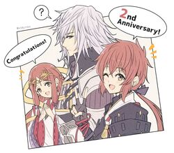  1boy 2girls :d ;d ? anniversary armor breasts commentary_request fan_la_norne fingerless_gloves gloves hayami_saori highres jin_(xenoblade) long_hair looking_at_viewer lora_(xenoblade) medium_breasts mochimochi_(xseynao) multiple_girls one_eye_closed open_mouth short_hair shoulder_armor simple_background smile speech_bubble twitter_username upper_body v voice_actor_connection white_background xenoblade_chronicles_(series) xenoblade_chronicles_2 xenoblade_chronicles_2:_torna_-_the_golden_country yellow_eyes 