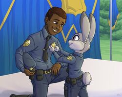  anthro badge brown_eyes brown_hair clothing dark_body dark_skin disney duo eye_contact female flag flag_(object) fur grey_body grey_fur hair hat headgear headwear human judy_hopps kneeling lagomorph leporid looking_at_another male malimarthemage mammal necktie police police_badge police_hat police_uniform purple_eyes quentin_(zylo24) rabbit self_insert smile uniform zootopia 