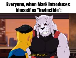  anthro armor braided_hair clothed clothing duo english_text felid feline hair hi_res image_comics invincible_(comics) invincible_(tv_series) male mammal mark_grayson meme muscular muscular_anthro muscular_male seachord sharp_teeth smile superhero teeth text thokk_(invincible) viltrumite 