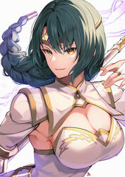  braid breasts bridal_gauntlets brown_eyes circlet cleavage commentary_request dress female fire_emblem fire_emblem_heroes floating_hair gold_trim green_hair hair_between_eyes highres holding holding_polearm holding_weapon jewelry large_breasts lightning long_hair looking_at_viewer nakabayashi_zun polearm signature simple_background single_braid smile solo thorr_(fire_emblem) tied_hair upper_body weapon white_background white_dress 