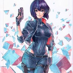  belt black_eyes black_gloves blue_pants breasts commentary covered_navel cowboy_shot crack cube cyborg female fingerless_gloves ghost_in_the_shell ghost_in_the_shell:_sac_2045 gloves gun holding holding_gun holding_weapon jacket kusanagi_motoko long_sleeves looking_at_viewer medium_breasts open_clothes open_jacket pants purple_hair rodrigo_yoshimiya short_hair solo tetrahedron traditional_media weapon 