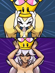  3:4 anthro bandai_namco breast_expansion breasts crown digimon digimon_(species) expansion fan_character female furball headgear human humanoid hybrid impmon impmon_x mammal mario_bros nintendo renamon renimpmon renimpmon_x small_breasts solo super_crown transformation 