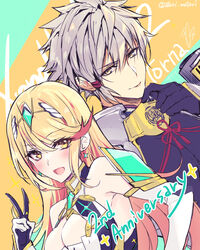  1boy addam_origo anniversary bare_shoulders blonde_hair breasts chest_jewel cleavage cleavage_cutout clothing_cutout earrings elbow_gloves eyes_visible_through_hair female gloves green_background hair_between_eyes highres jewelry large_breasts matori_(penguin_batake) mythra_(xenoblade) open_mouth swept_bangs tiara upper_body v white_gloves xenoblade_chronicles_(series) xenoblade_chronicles_2 xenoblade_chronicles_2:_torna_-_the_golden_country yellow_background yellow_eyes 