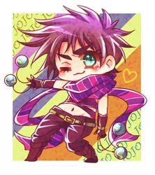  1boy :3 bad_id bad_pixiv_id blue_eyes bola_(weapon) chibi crop_top fingerless_gloves gloves jojo_no_kimyou_na_bouken joseph_joestar joseph_joestar_(young) kei_zou male_focus midriff one_eye_closed scarf solo 