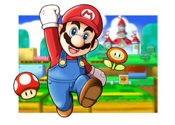  1boy :d arm_up ayakabu bad_id bad_pixiv_id blue_eyes blurry brown_hair castle clenched_hands commentary_request depth_of_field facial_hair fire_flower flower gloves hat highres male_focus mario mario_(series) moustache mushroom open_mouth overalls princess_peach&#039;s_castle raised_fist smile solo super_mario_3d_land super_mushroom super_smash_bros. white_gloves 