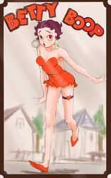  bare_shoulders betty_boop betty_boop_(series) black_hair border breasts character_name cocktail_dress commentary_request dress earrings female heart highres hoop_earrings jewelry long_legs red_dress red_eyes red_footwear running shoes short_hair solo strapless strapless_dress thigh_strap yossan 