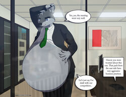  absurd_res anthro belly big_belly blue_eyes building canid canine canis clothing english_text fur grey_body grey_fur hi_res immelmann implied_permanent male mammal office permanent skyscraper solo stomach_bulge suit text vore wolf 