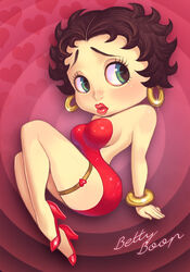  animification arm_support backless_dress backless_outfit bad_id bad_pixiv_id bare_back bare_shoulders betty_boop betty_boop_(series) bracelet breasts brown_hair character_name closed_mouth dress earrings female glint green_eyes heart high_heels hoop_earrings jewelry large_breasts legs lips lipstick looking_to_the_side makeup maou_alba pumps red_dress red_footwear shoes short_hair sitting solo strapless strapless_dress thigh_strap 