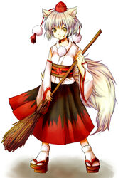  animal_ears bad_id bad_pixiv_id broom detached_sleeves female furorida geta grey_hair hat inubashiri_momiji leaf long_skirt maple_leaf skirt slit_pupils socks solo tail tokin_hat touhou white_background wolf_ears wolf_tail yellow_eyes 