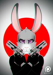  2017 alternate_form anthro clothed clothing crossover disney female fur galacticmichi gloves grey_background grey_body grey_fur gun handgun handwear hi_res hitman_(series) judy_hopps lagomorph leporid long_ears looking_at_viewer mammal patreon patreon_logo pink_nose pistol purple_eyes rabbit ranged_weapon simple_background solo weapon zootopia 