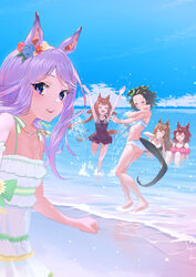  &gt;_&lt; 5girls :d \o/ ^_^ animal_ears arms_up beach bikini black_hair black_one-piece_swimsuit casual_one-piece_swimsuit closed_eyes day frilled_bikini frills highres horse_ears horse_girl horse_tail long_hair looking_at_viewer maruzensky_(blasting_off_summer_night)_(umamusume) maruzensky_(umamusume) mejiro_mcqueen_(ripple_fairlady)_(umamusume) mejiro_mcqueen_(umamusume) multiple_girls nabe_puyo one-piece_swimsuit open_mouth outdoors outstretched_arms pink_bikini purple_eyes purple_hair sakura_chiyono_o_(sakura_hearts_are_super_good_hearts)_(umamusume) sakura_chiyono_o_(umamusume) sand smile standing summer sweep_tosho_(monopolizing_the_chill?)_(umamusume) sweep_tosho_(umamusume) swimsuit tail umamusume water white_bikini winning_ticket_(full_power!_tantrum!!)_(umamusume) winning_ticket_(umamusume) 