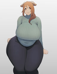  animal_ears bad_id bad_pixiv_id belly breasts bright_pupils brown_eyes brown_hair covered_navel cropped_legs curvy elf-san_wa_yaserarenai. female female_orc highres huge_breasts long_hair mmmmmkun oku_(elf-san_wa_yaserarenai) orc pants pig_ears plump ribbed_sweater simple_background smile solo sweater thick_thighs thighs white_background wide_hips 