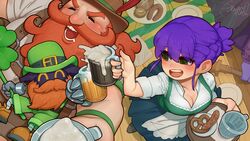  1boy apron beard beer_mug blush braid breasts brown_hair character_request check_character cleavage cup facial_hair female food french_braid gragas green_eyes green_headwear hat_belt highres indie_virtual_youtuber korean_commentary league_of_legends moustache mug open_mouth plate podone pretzel purple_hair sausage shadow shirt short_sleeves signature smile sparrowl tray upper_body veigar virtual_youtuber white_apron white_shirt 