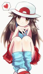  blue_shirt blue_socks brown_eyes brown_hair bucket_hat closed_mouth commentary female hair_flaps hat heart highres knees leaf_(pokemon) legs_together long_hair loose_socks own_hands_together pleated_skirt pokemon pokemon_frlg red_skirt sheyona shirt shoes skirt sleeveless sleeveless_shirt smile socks solo spoken_heart symbol-only_commentary twitter_username white_footwear white_hat 