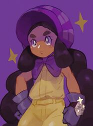  bad_id bad_twitter_id bare_arms black_hair bonnet closed_mouth commentary_request dark-skinned_female dark_skin ester_(yhs1862) eyelashes female gloves hapu_(pokemon) highres inactive_account jumpsuit korean_commentary long_hair pokemon pokemon_sm purple_background purple_eyes sleeveless solo thick_eyebrows twintails 