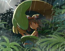  bare_arms bow_hairband brown_hair closed_mouth female hairband hands_up leaf lombre looking_back may_(pokemon) outdoors pokemon pokemon_(creature) pokemon_oras popcorn_91 rain red_hairband sleeveless tropius water_drop 