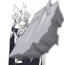  absurdres animal_ears closed_eyes dress eminem_throwing_a_fat_rat_(meme) extra_ears facing_viewer female floating_island galleon_(granblue_fantasy) gloves granblue_fantasy greyscale highres horns long_hair meme monochrome motion_blur outstretched_arm parody pointy_ears seal_007 solo throwing 