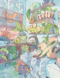  absurdres ameru backpack bag bed bellsprout book bounsweet budew carpet cherrim cherrim_(overcast) chikorita closed_eyes commentary drooling eevee english_commentary evolutionary_stone gloom_(pokemon) highres hoppip indoors leaf_stone leafeon no_humans oddish open_mouth pansage pokemon pokemon_(creature) pokemon_move rowlet saliva shelf sleeping spearow stretching substitute_(pokemon) sunkern themed_object tongue wailmer window 