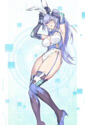  animal_ears armpits arms_up bare_shoulders blue_footwear blue_garter_straps blue_gloves blue_hair blue_thighhighs blush breasts commentary_request depo_(typebaby505) elbow_gloves fake_animal_ears female gloves green_eyes high_heels highleg highleg_leotard highres large_breasts leotard long_hair looking_at_viewer mecha_musume original parted_lips playboy_bunny ponytail rabbit_ears science_fiction smile solo thighhighs thighs white_leotard 