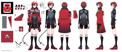  1boy absurdres ahoge black_bodysuit black_choker black_gloves black_hair black_socks bodysuit choker copyright_name covered_navel cropped_jacket gloves highres holostars holostars_english jacket legwear_garter machina_x_flayon machina_x_flayon_(1st_costume) male_focus mixed-language_text multicolored_hair official_art orange_eyes profile red_footwear red_hair red_jacket reference_sheet shokuen_(oxstl) short_hair socks streaked_hair tail virtual_youtuber 