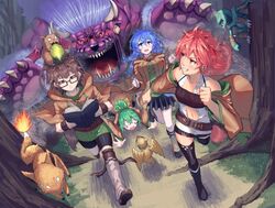  1boy 4girls acorn archfiend_marmot_of_nefariousness armband aussa_(yu-gi-oh!) aussa_the_earth_charmer bad_id bad_pixiv_id behemoth behemoth_the_king_of_all_animals belt bike_shorts blank_eyes blue_eyes blue_hair blush book breasts brown_eyes brown_hair chasing claws commentary_request demon_tail demon_wings dragon duel_monster eria_(yu-gi-oh!) eria_the_water_charmer fallen_down fangs forest fox fox_fire_(yu-gi-oh!) furry furry_male gigobyte glasses green_hair grin hiita_(yu-gi-oh!) hiita_the_fire_charmer large_breasts lizardman long_hair looking_back midriff monster multiple_girls nature open_mouth orange_eyes outdoors partial_commentary petit_dragon rari_(badominton) reading red_hair robe running shoes short_hair skirt smile squirrel sweatdrop sweater tail tears thighhighs tree wings worried wynn_(yu-gi-oh!) wynn_the_wind_charmer yu-gi-oh! zettai_ryouiki 